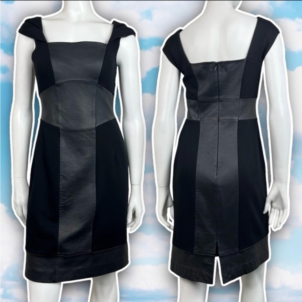 ANTONIO MELANI Twisted Sleeve Leather Panel Sheath Dress Goth Grunge Date Night